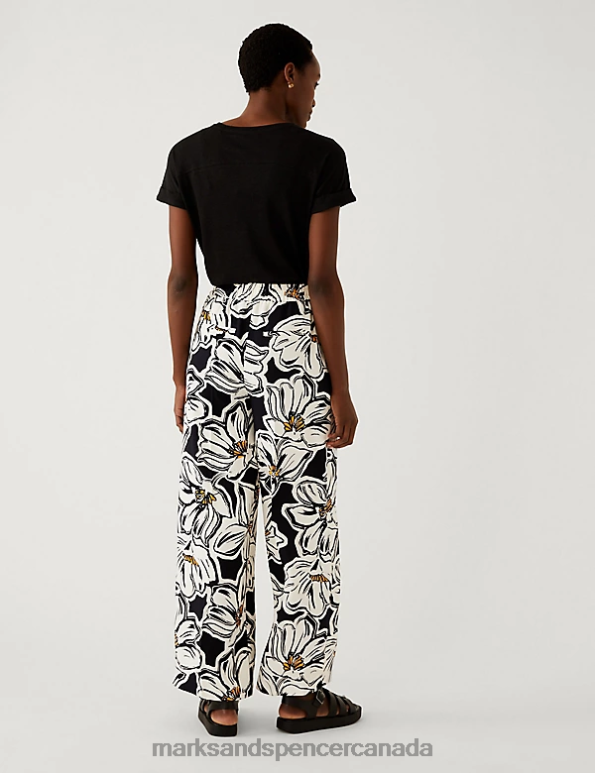 Women Black Clothing Marks & Spencer Crepe Printed Drawstring Wide Leg Trousers 20VTD3058 - Marks and Spencer Canada locations