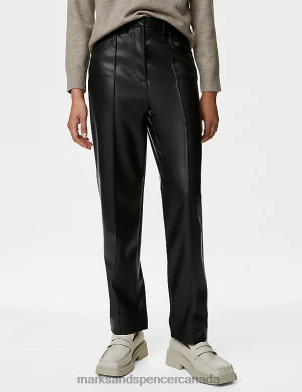 Women Black Clothing Marks & Spencer Leather Look Straight Leg Cropped Trousers 20VTD2084 - Marks and Spencer online