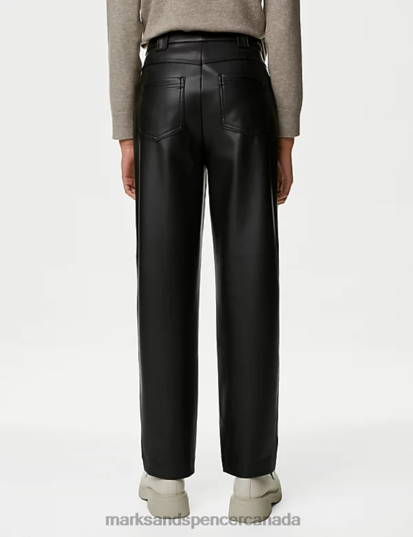 Women Black Clothing Marks & Spencer Leather Look Straight Leg Cropped Trousers 20VTD2084 - Marks and Spencer online