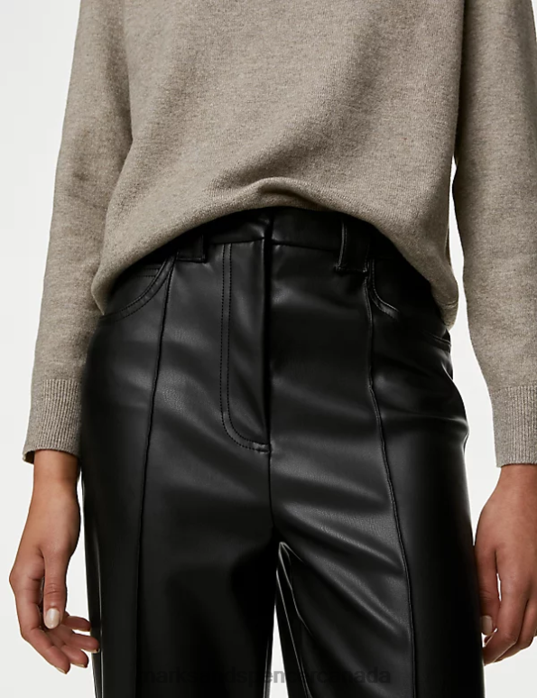 Women Black Clothing Marks & Spencer Leather Look Straight Leg Cropped Trousers 20VTD2084 - Marks and Spencer online