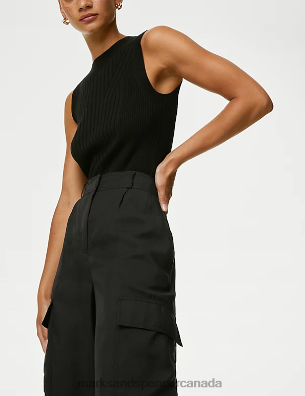 Women Black Clothing Marks & Spencer Modal Rich Cargo Wide Leg Trousers 20VTD1124 - Marks and Spencer Canada locations