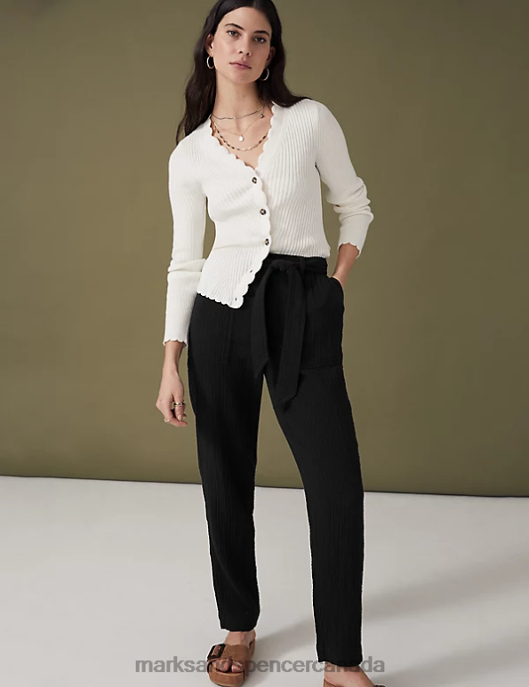 Women Black Clothing Marks & Spencer Pure Cotton Belted Tapered Trousers 20VTD1180 - Marks and Spencer online