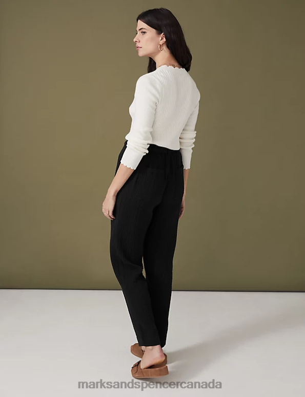 Women Black Clothing Marks & Spencer Pure Cotton Belted Tapered Trousers 20VTD1180 - Marks and Spencer online