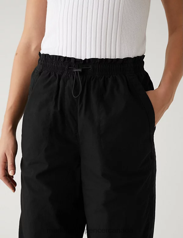 Women Black Clothing Marks & Spencer Pure Cotton Cuffed Parachute Trousers 20VTD1282 - Marks and Spencer outlet