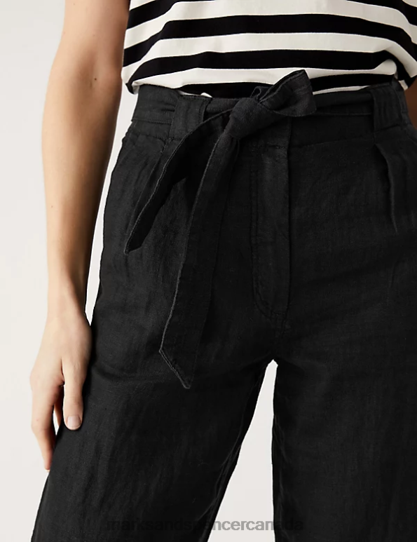 Marks and Spencer sale - Women Black Clothing Marks & Spencer Pure Linen Belted Tapered Trousers 20VTD2653
