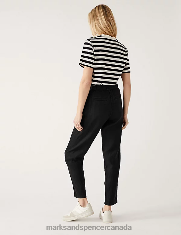 Marks and Spencer sale - Women Black Clothing Marks & Spencer Pure Linen Belted Tapered Trousers 20VTD2653