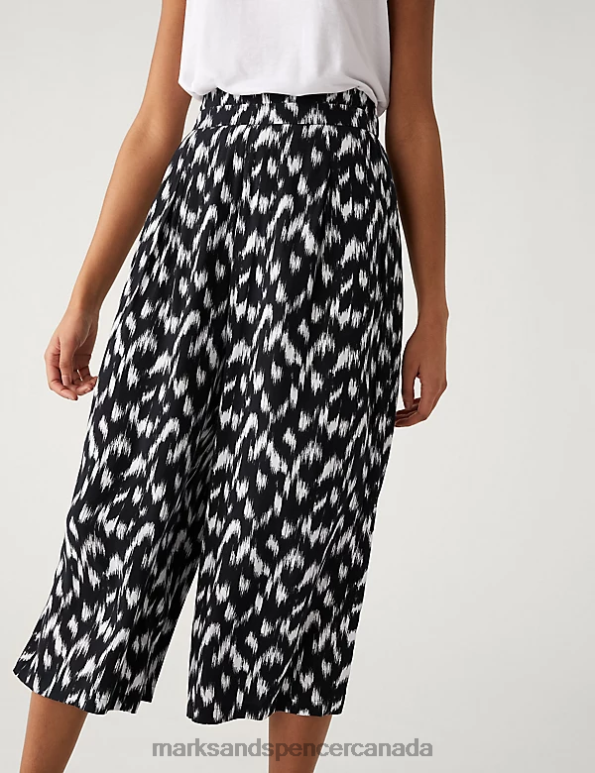 Women Black/White Clothing Marks & Spencer Printed Wide Leg Cropped Trousers 20VTD2743 - Marks and Spencer online