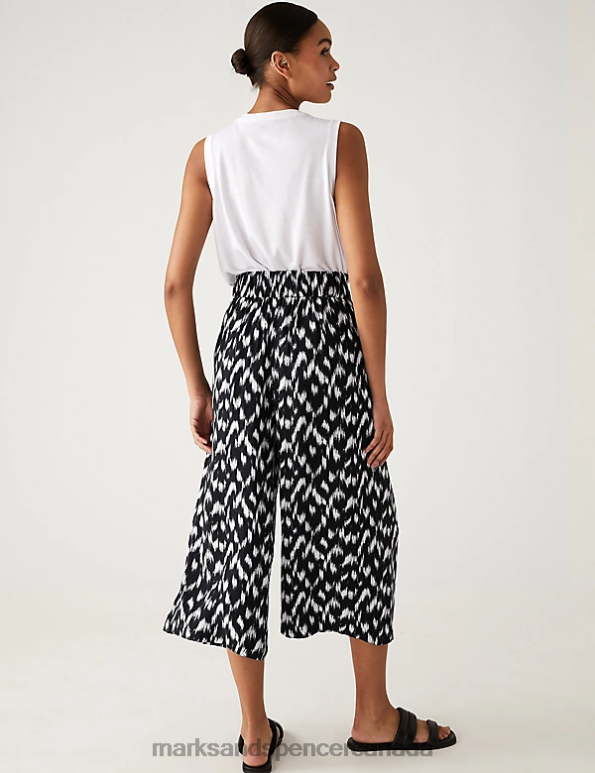 Women Black/White Clothing Marks & Spencer Printed Wide Leg Cropped Trousers 20VTD2743 - Marks and Spencer online