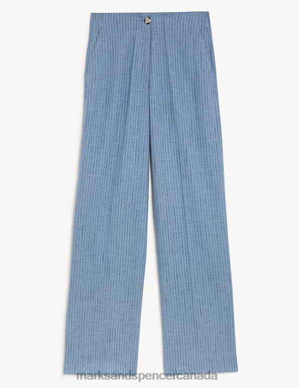 Women Blue Mix Clothing Marks & Spencer Linen Blend Striped Wide Leg Trousers 20VTD2303 - Marks and Spencer online