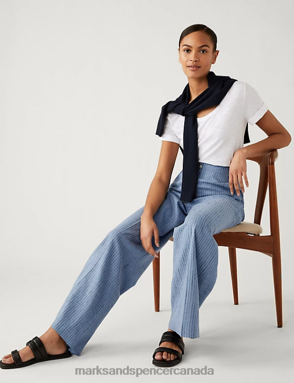 Women Blue Mix Clothing Marks & Spencer Linen Blend Striped Wide Leg Trousers 20VTD2303 - Marks and Spencer online