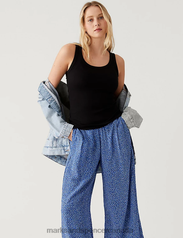 Women Blue Mix Clothing Marks & Spencer Printed Wide Leg Cropped Trousers 20VTD2369 - Marks and Spencer online