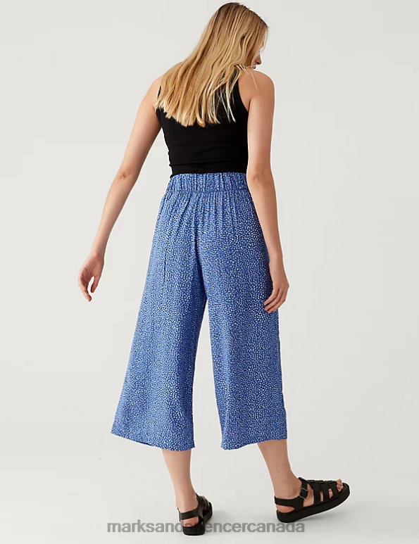 Women Blue Mix Clothing Marks & Spencer Printed Wide Leg Cropped Trousers 20VTD2369 - Marks and Spencer online