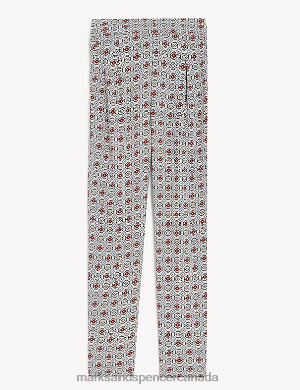 Women Cream Mix Clothing Marks & Spencer Printed Pleat Front Tapered Trousers 20VTD682 - Marks and Spencer Canada locations
