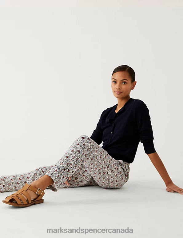Women Cream Mix Clothing Marks & Spencer Printed Pleat Front Tapered Trousers 20VTD682 - Marks and Spencer Canada locations