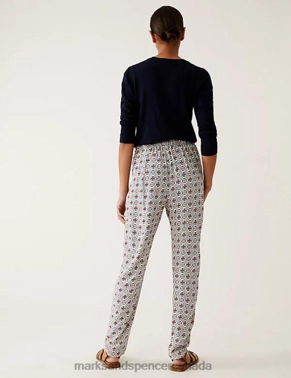 Women Cream Mix Clothing Marks & Spencer Printed Pleat Front Tapered Trousers 20VTD682 - Marks and Spencer Canada locations