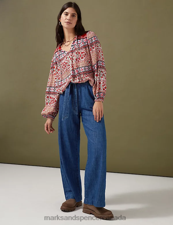 Women Dark Indigo Clothing Marks & Spencer Denim Belted Wide Leg Trousers 20VTD3263 - Marks and Spencer online