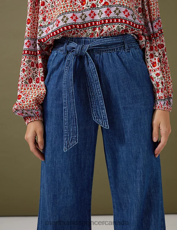 Women Dark Indigo Clothing Marks & Spencer Denim Belted Wide Leg Trousers 20VTD3263 - Marks and Spencer online