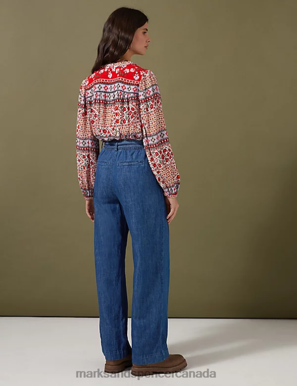 Women Dark Indigo Clothing Marks & Spencer Denim Belted Wide Leg Trousers 20VTD3263 - Marks and Spencer online