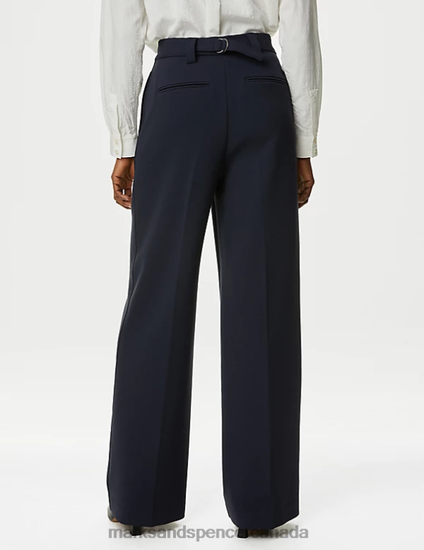 Women Dark Navy Clothing Marks & Spencer Crepe Tab Detail Wide Leg Trousers 20VTD16 - Marks and Spencer Canada locations