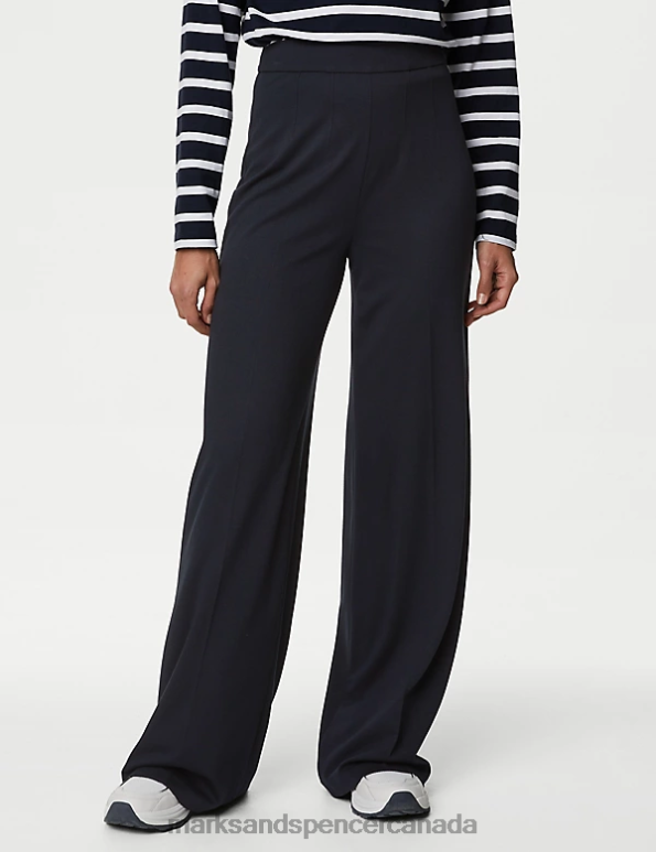 Women Dark Navy Clothing Marks & Spencer Jersey Wide Leg Trousers with Stretch 20VTD630 - Marks and Spencer Canada locations
