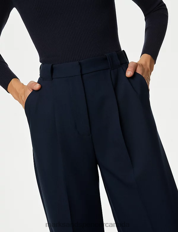 Women Dark Navy Clothing Marks & Spencer Pleat Front Relaxed Trousers 20VTD360 - Marks and Spencer online