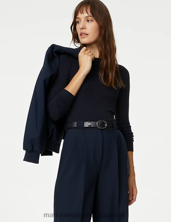 Women Dark Navy Clothing Marks & Spencer Pleat Front Relaxed Trousers 20VTD360 - Marks and Spencer online