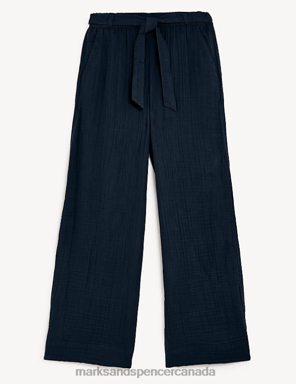 Marks and Spencer Canada - Women Dark Navy Clothing Marks & Spencer Pure Cotton Textured Wide Leg Trousers 20VTD2723