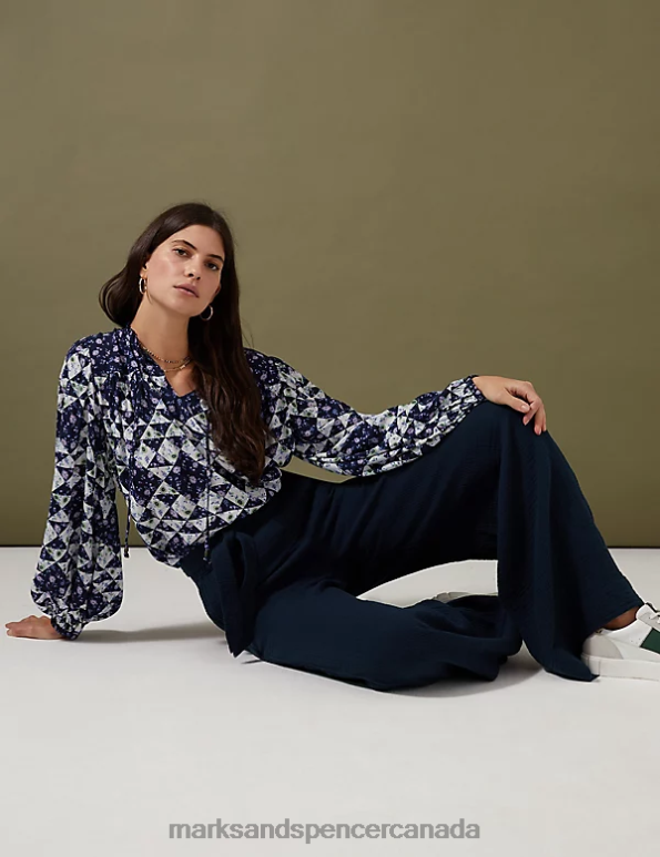 Marks and Spencer Canada - Women Dark Navy Clothing Marks & Spencer Pure Cotton Textured Wide Leg Trousers 20VTD2723