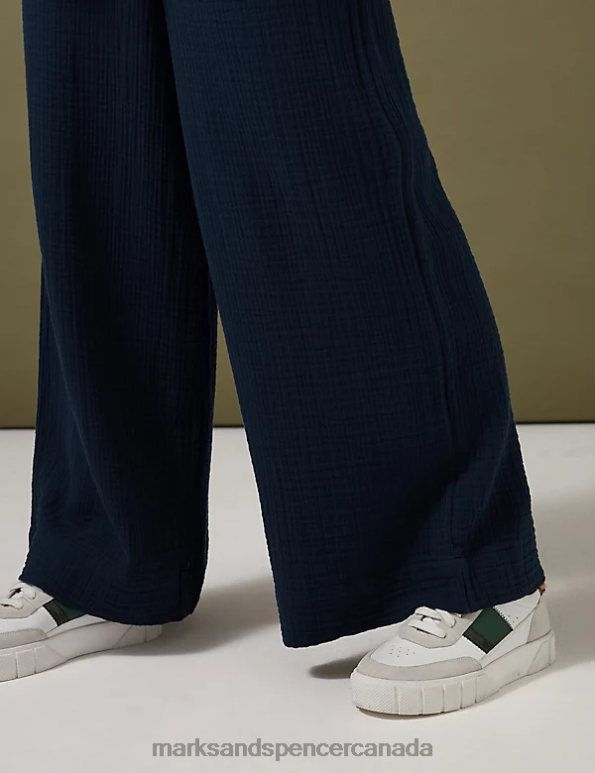 Marks and Spencer Canada - Women Dark Navy Clothing Marks & Spencer Pure Cotton Textured Wide Leg Trousers 20VTD2723