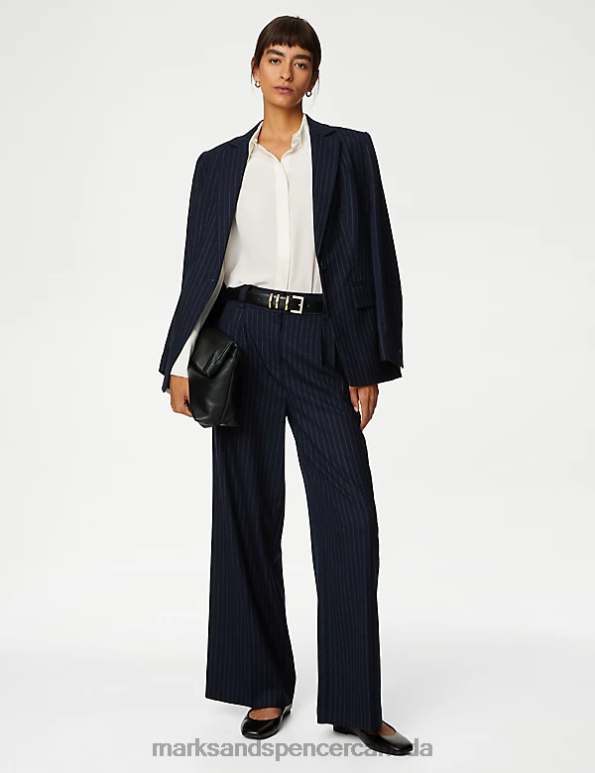 Women Dark Navy Mix Clothing Marks & Spencer Wool Blend Pinstripe Wide Leg Trousers 20VTD692 - Marks and Spencer outlet