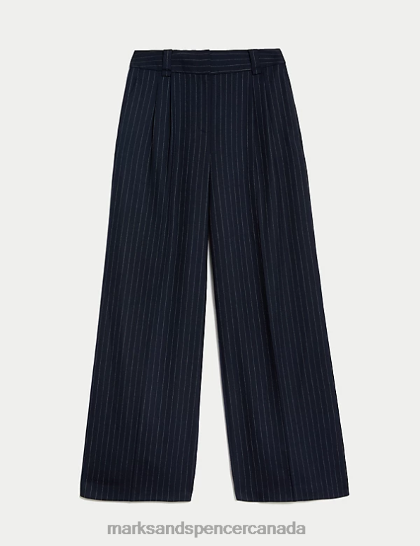 Women Dark Navy Mix Clothing Marks & Spencer Wool Blend Pinstripe Wide Leg Trousers 20VTD692 - Marks and Spencer outlet