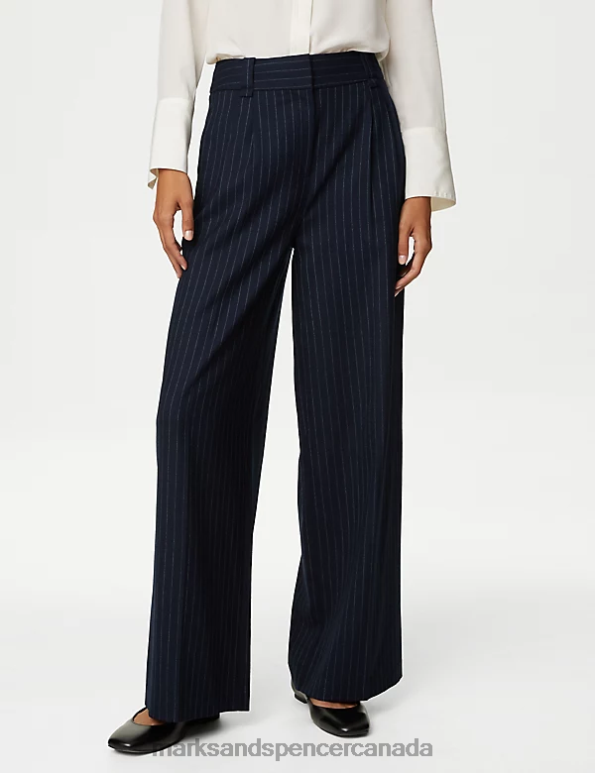 Women Dark Navy Mix Clothing Marks & Spencer Wool Blend Pinstripe Wide Leg Trousers 20VTD692 - Marks and Spencer outlet