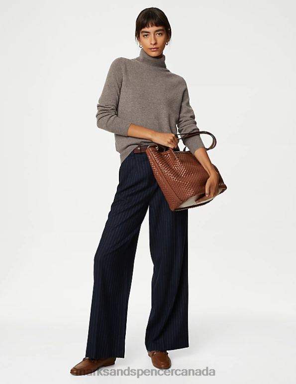 Women Dark Navy Mix Clothing Marks & Spencer Wool Blend Pinstripe Wide Leg Trousers 20VTD692 - Marks and Spencer outlet
