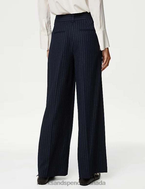 Women Dark Navy Mix Clothing Marks & Spencer Wool Blend Pinstripe Wide Leg Trousers 20VTD692 - Marks and Spencer outlet