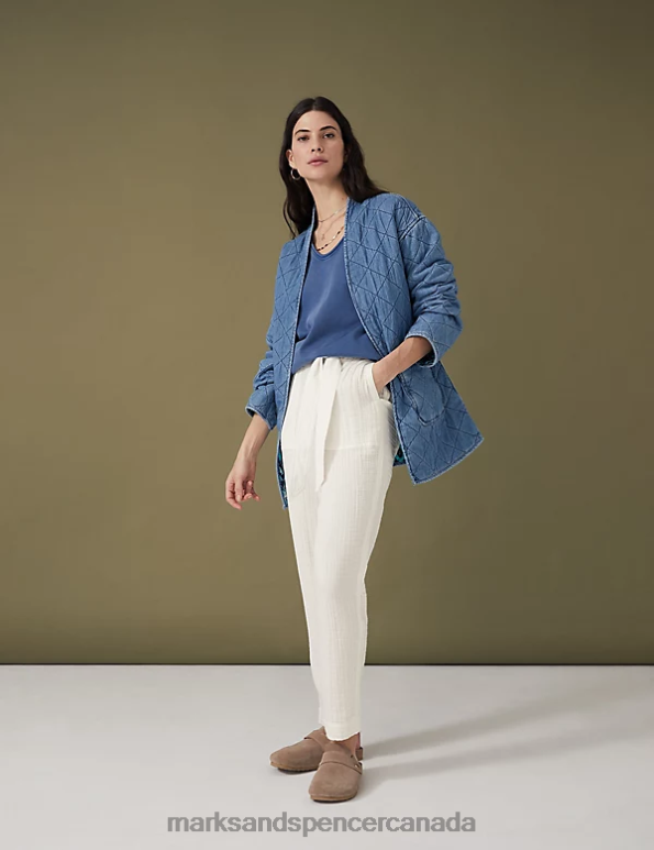 Women Ecru Clothing Marks & Spencer Pure Cotton Belted Tapered Trousers 20VTD1510 - Marks and Spencer Canada locations