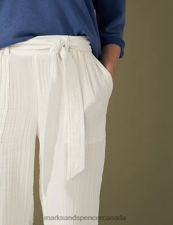 Women Ecru Clothing Marks & Spencer Pure Cotton Belted Tapered Trousers 20VTD1510 - Marks and Spencer Canada locations