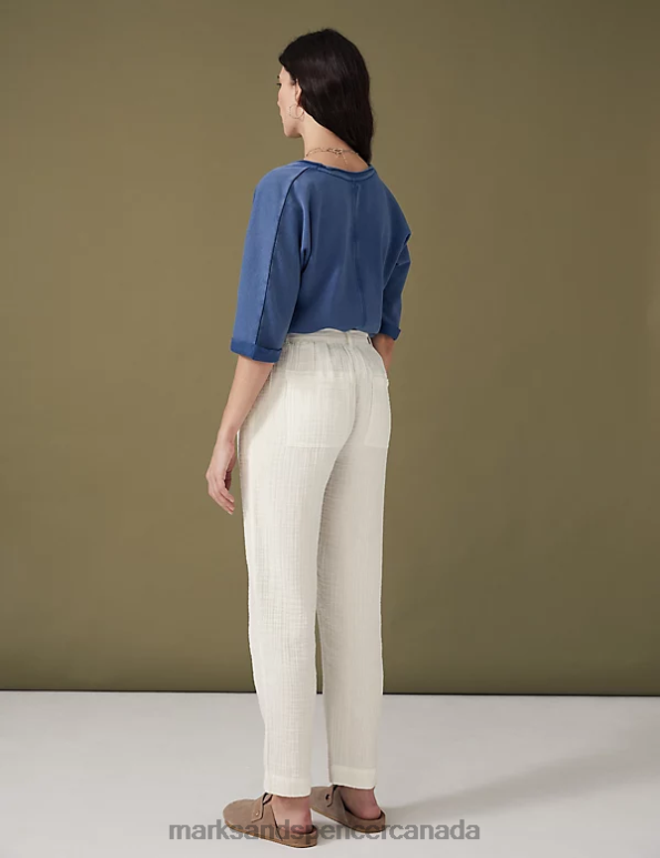 Women Ecru Clothing Marks & Spencer Pure Cotton Belted Tapered Trousers 20VTD1510 - Marks and Spencer Canada locations