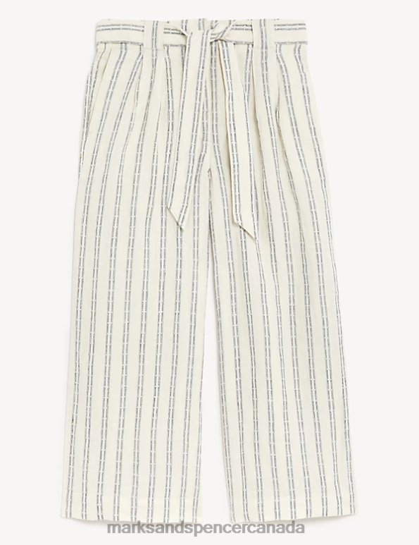 Marks and Spencer sale - Women Ecru Mix Clothing Marks & Spencer Pure Linen Striped Wide Leg Cropped Trousers 20VTD2228