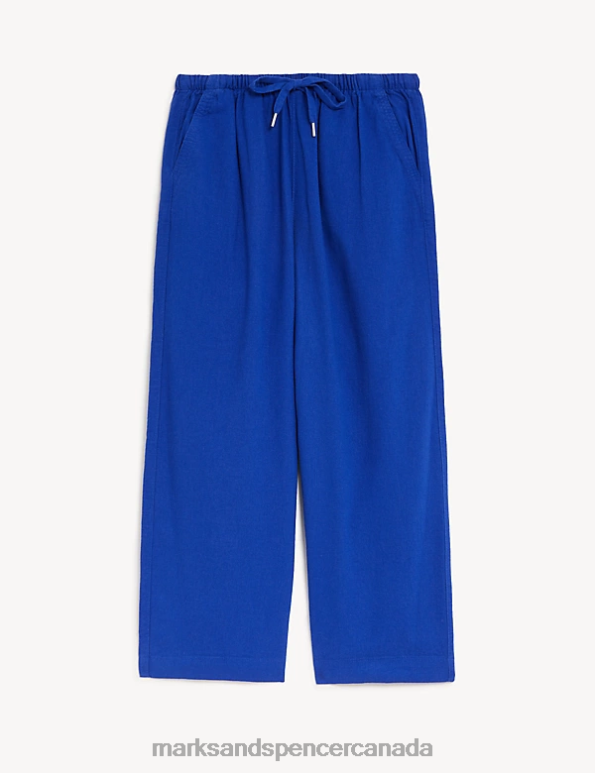 Women Electric Blue Clothing Marks & Spencer Linen Rich Wide Cropped Leg Trousers 20VTD2041 - Marks and Spencer outlet