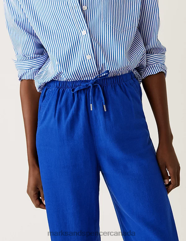 Women Electric Blue Clothing Marks & Spencer Linen Rich Wide Cropped Leg Trousers 20VTD2041 - Marks and Spencer outlet