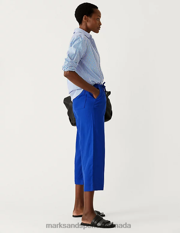 Women Electric Blue Clothing Marks & Spencer Linen Rich Wide Cropped Leg Trousers 20VTD2041 - Marks and Spencer outlet