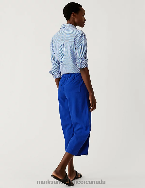 Women Electric Blue Clothing Marks & Spencer Linen Rich Wide Cropped Leg Trousers 20VTD2041 - Marks and Spencer outlet