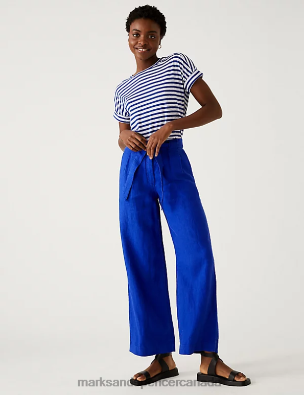 Marks and Spencer sale - Women Electric Blue Clothing Marks & Spencer Pure Linen Belted Wide Leg Trousers 20VTD827