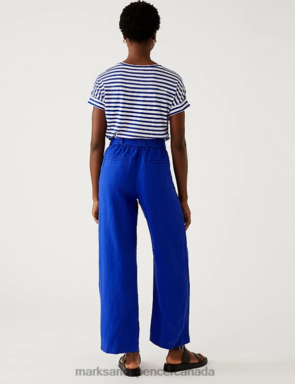 Marks and Spencer sale - Women Electric Blue Clothing Marks & Spencer Pure Linen Belted Wide Leg Trousers 20VTD827