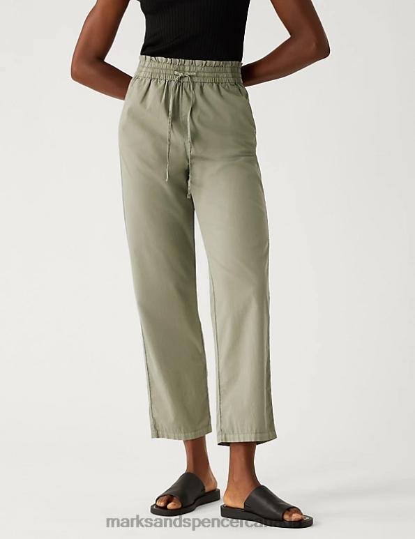 Women Faded Khaki Clothing Marks & Spencer Pure Cotton Elasticated Waist Trousers 20VTD2391 - Marks and Spencer Canada locations