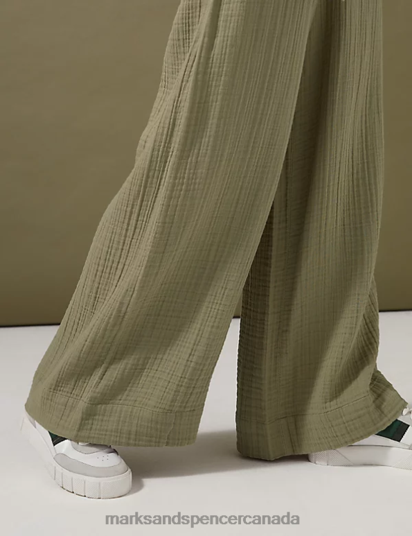 Marks and Spencer near me - Women Faded Khaki Clothing Marks & Spencer Pure Cotton Textured Wide Leg Trousers 20VTD2352