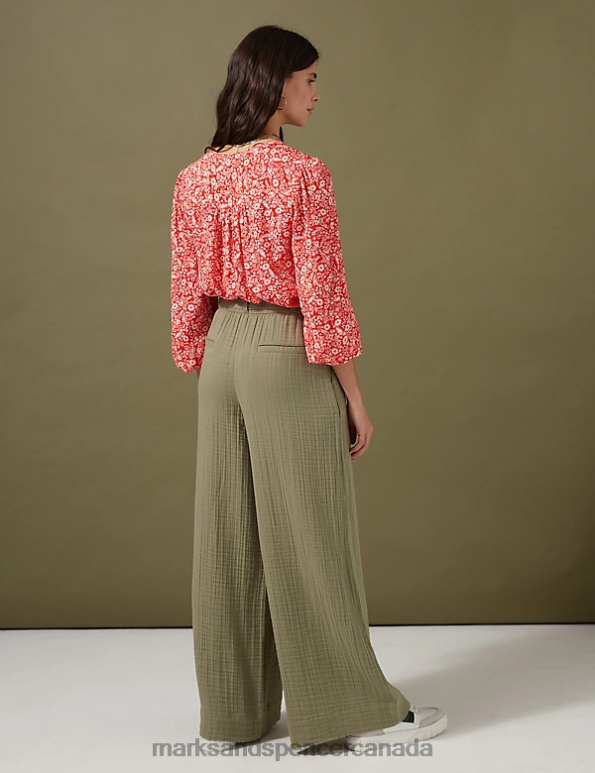 Marks and Spencer near me - Women Faded Khaki Clothing Marks & Spencer Pure Cotton Textured Wide Leg Trousers 20VTD2352