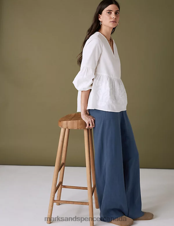 Marks and Spencer Canada - Women Indigo Clothing Marks & Spencer Linen Blend Drawstring Wide Leg Trousers 20VTD2921