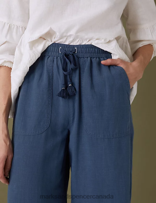 Marks and Spencer Canada - Women Indigo Clothing Marks & Spencer Linen Blend Drawstring Wide Leg Trousers 20VTD2921