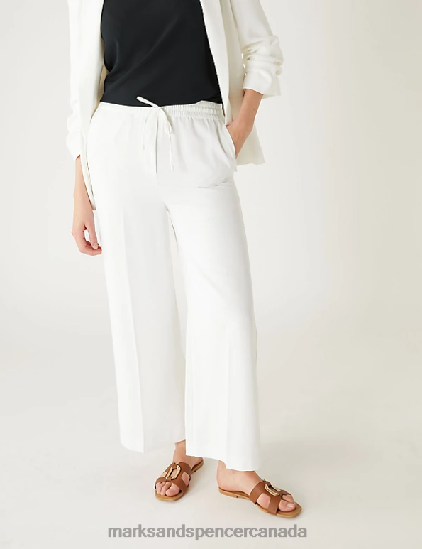 Marks and Spencer Canada - Women Ivory Clothing Marks & Spencer Crepe Wide Leg Cropped Trousers 20VTD2553
